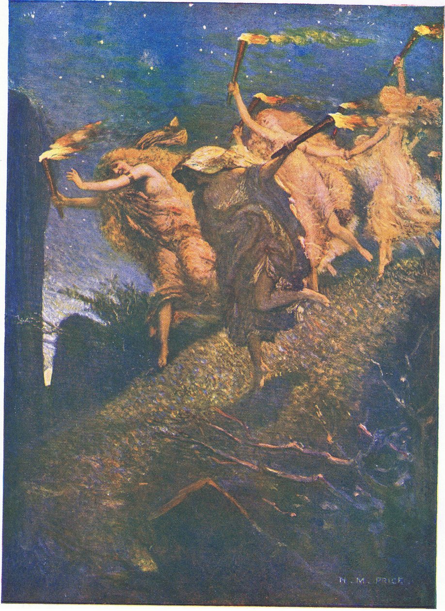 První Valpuržina noc: „Veď temnotou a následuj, dovnitř a ven do každé skalní prohlubně“ (barva litho) od Norman Mills Price