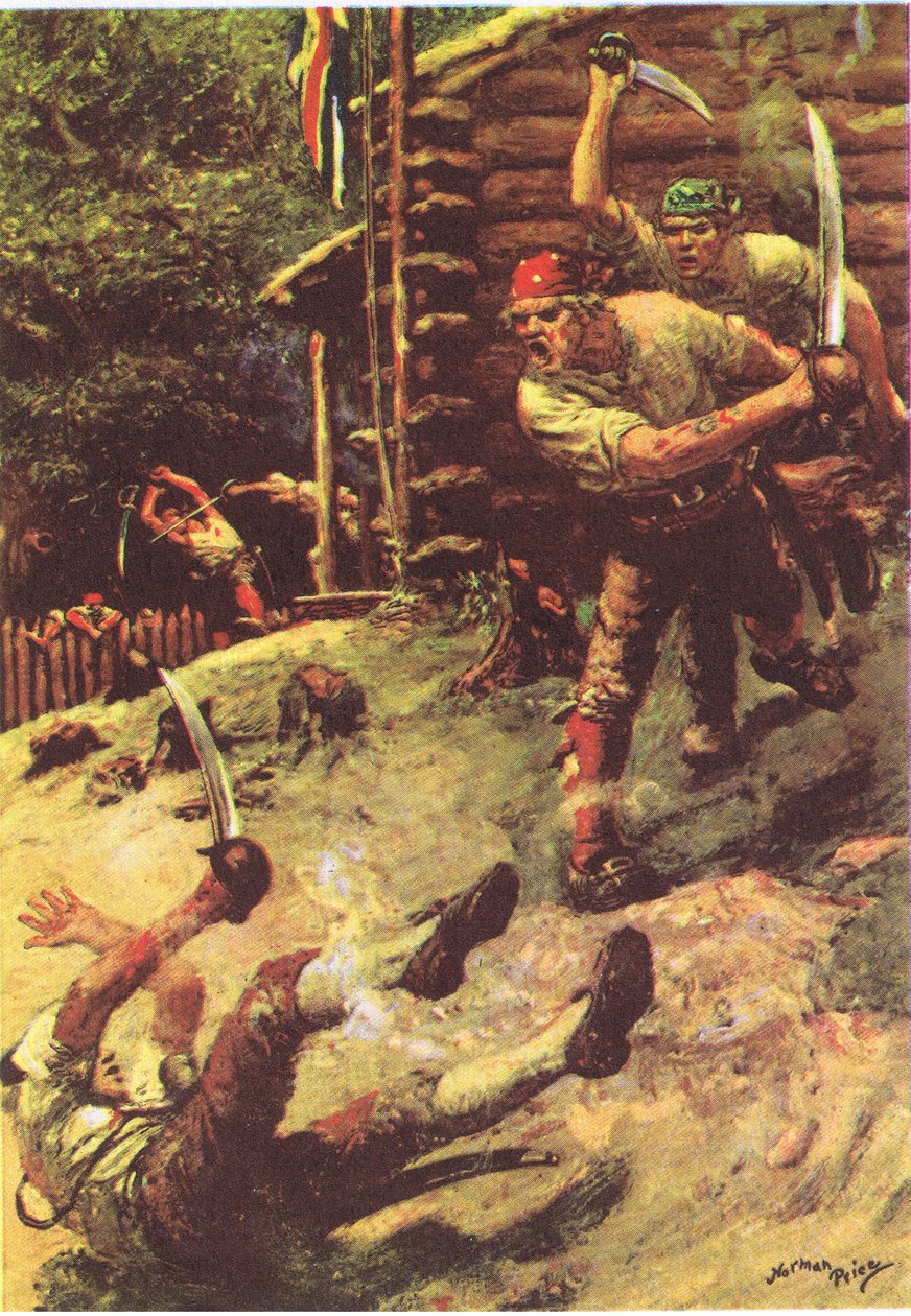 Zakopl jsem a kutálel se střemhlav, z Ostrova pokladů vydané nakladatelstvím MacDonald 1947 (barevné lito) od Norman Mills Price