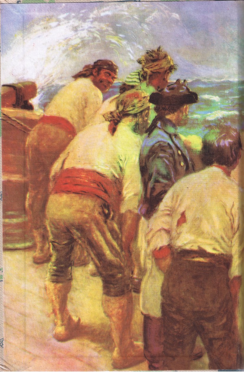 Vnitřní design obálky, z Ostrova pokladů publikoval MacDonald 1947 (barevně lito) od Norman Mills Price