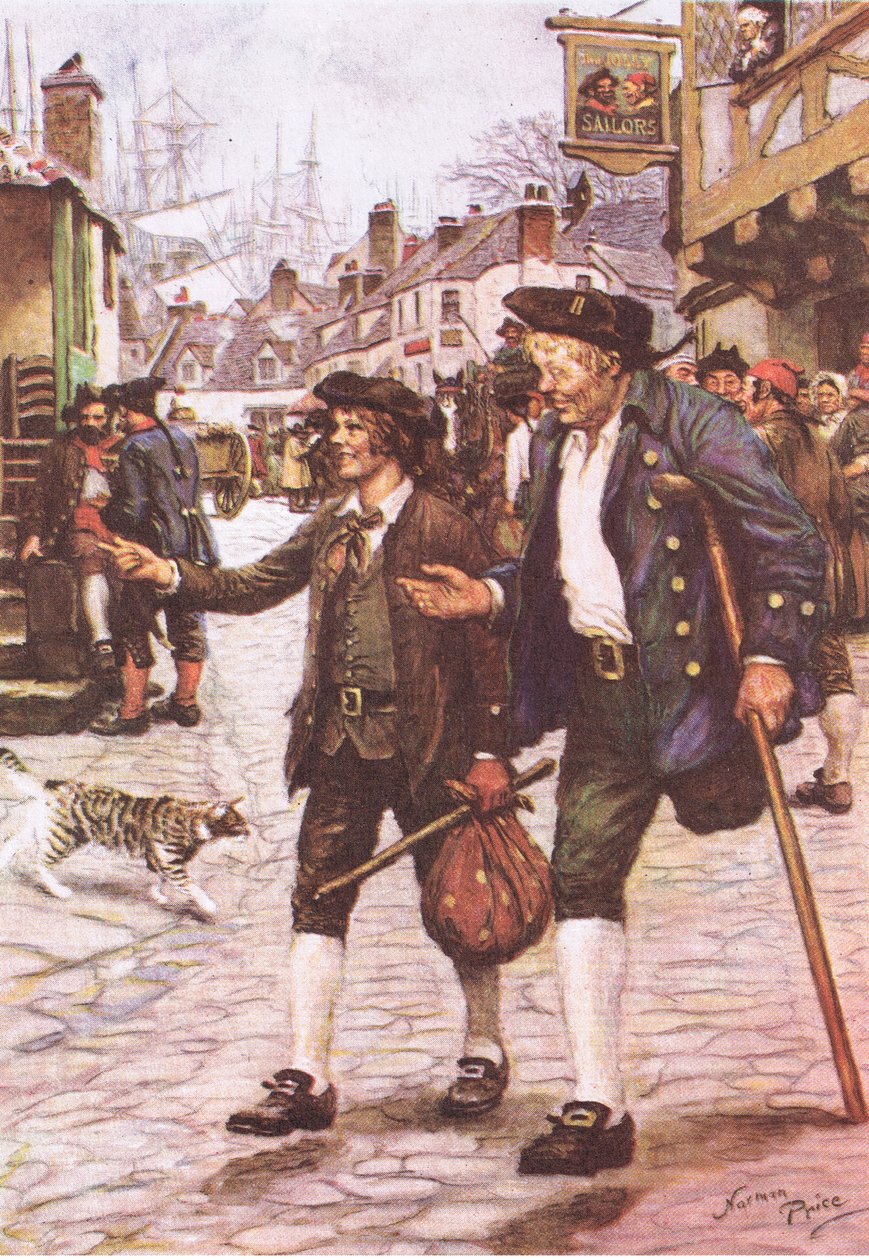 Jim a Long John Silver v Bristolu, z Ostrova pokladů publikoval MacDonald 1947 (barevné lito) od Norman Mills Price
