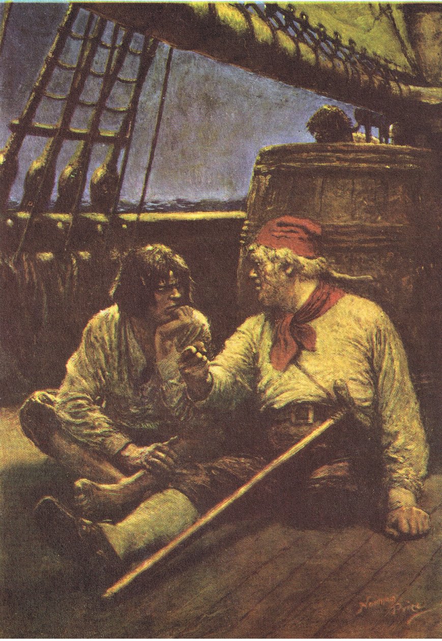 Hlaveň se otřásla, když se o ni opřel ramenem, z Ostrova pokladů vydané nakladatelstvím MacDonald 1947 (barevně lito) od Norman Mills Price