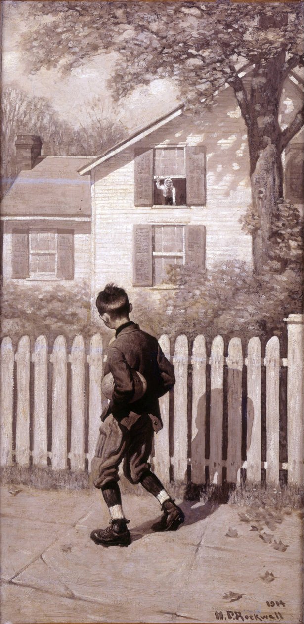 Kouzelná nožní koule, "objevil se Tommy v okně nahoře." (Chlapec s příušnicemi) od Norman Rockwell