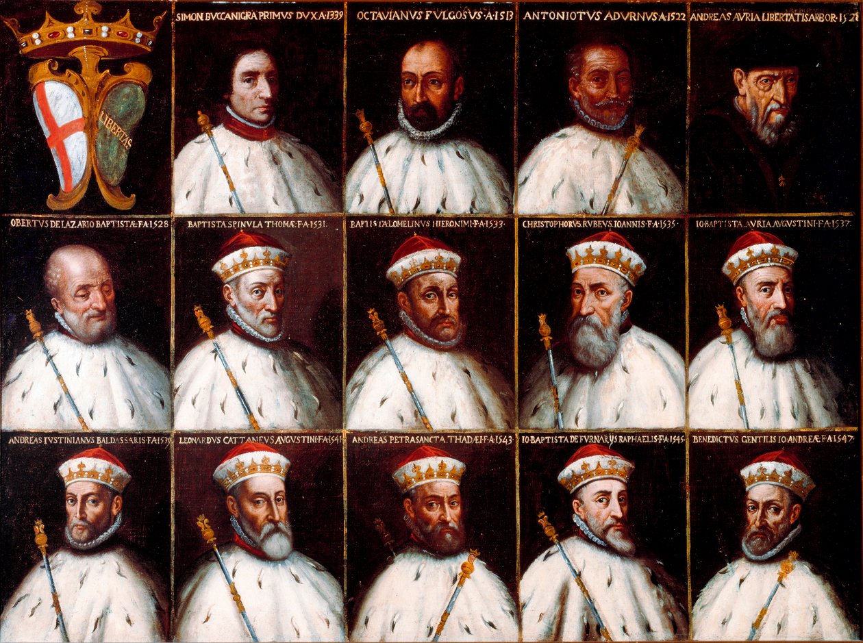 Erb Republiky genů a portréty dóžů - Simone Boccanegra, Ottaviano Fregoso a Antoniotto II Adorno; Andrea Doria. Oberto Cattaneo Lazzari, Battista Spinola, Battista Lomellini, Cristoforo Grilaldi Rosso, Giovanni Battista Doria od Northern Italian School