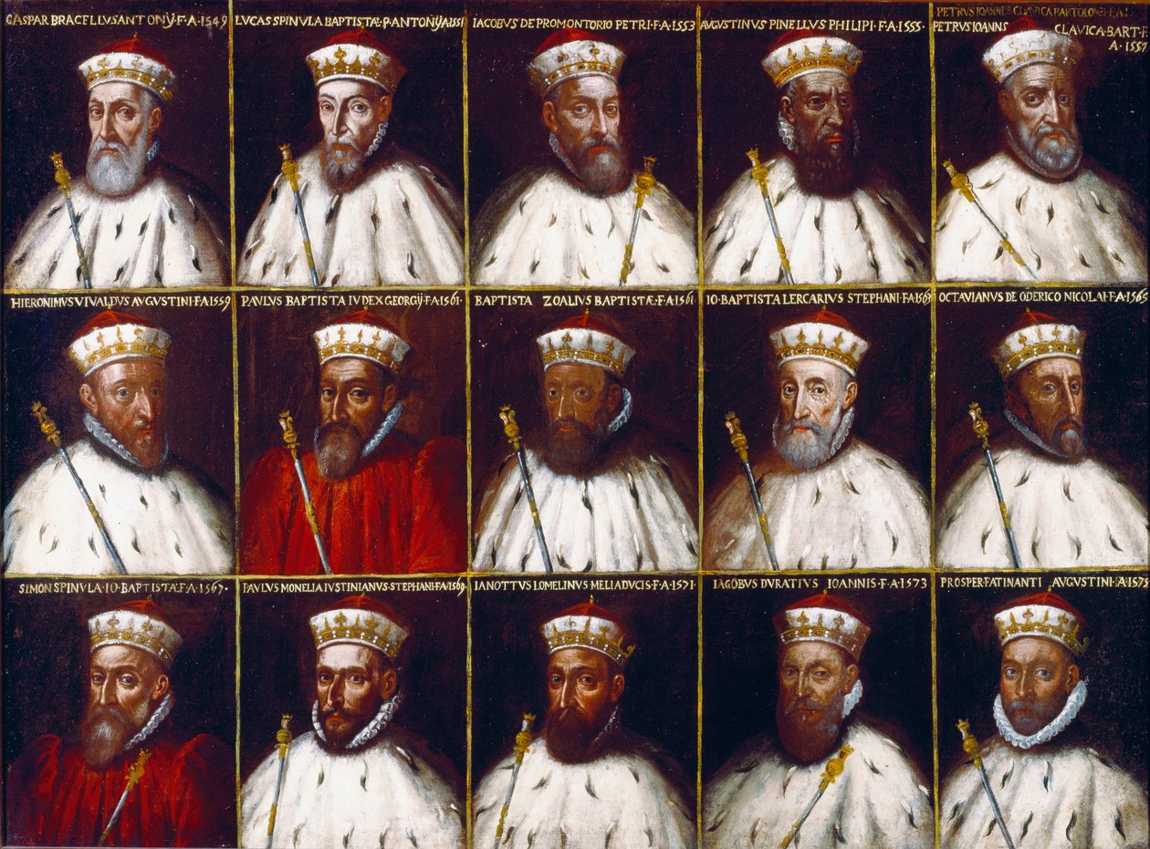 Erb Republiky genů a portréty dóžů. Gaspare Grimaldi Bracelli, Luca Spinola, Giacomo Promontorio, Agostino Pinello Ardimenti, Pietro Giovanni Chiavica, Girolamo Vivaldi, Paolo Battista Giudice, Battista Cicala Zoaglio, Giovan od Northern Italian School