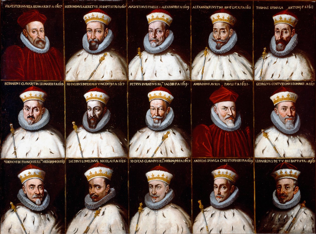 Erb Republiky genů a portréty dóžů. Silvestro Invrea, Gerolamo Assereto, Agostino Pinello Luciani, Alessandro Giustiniani Longo, Tomaso Spinola, Clavarezza Bernardo, Giovanni Giacomo Imperiale (Tartaro), Pietro Durazzo, Ambrog od Northern Italian School