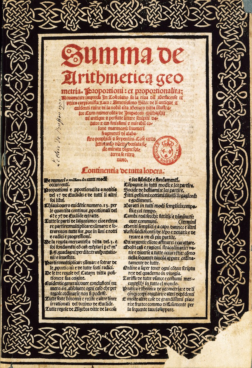 "Souhrnná aritmetika" od Lucy Pacioliho od Northern Italian School