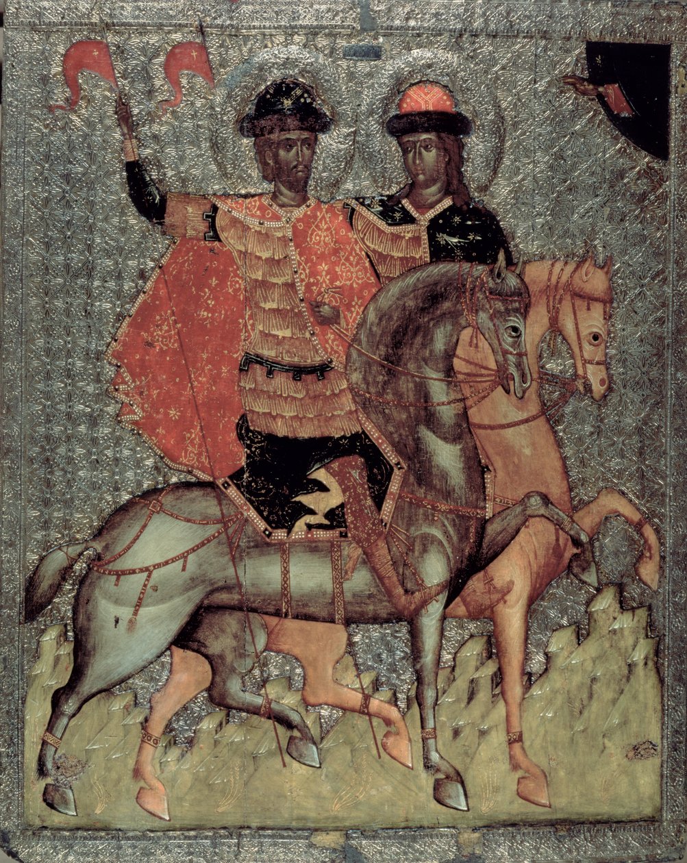 Svatý Boris a svatý Gleb na koni, asi 1377 (tempera na desce) od Novgorod School
