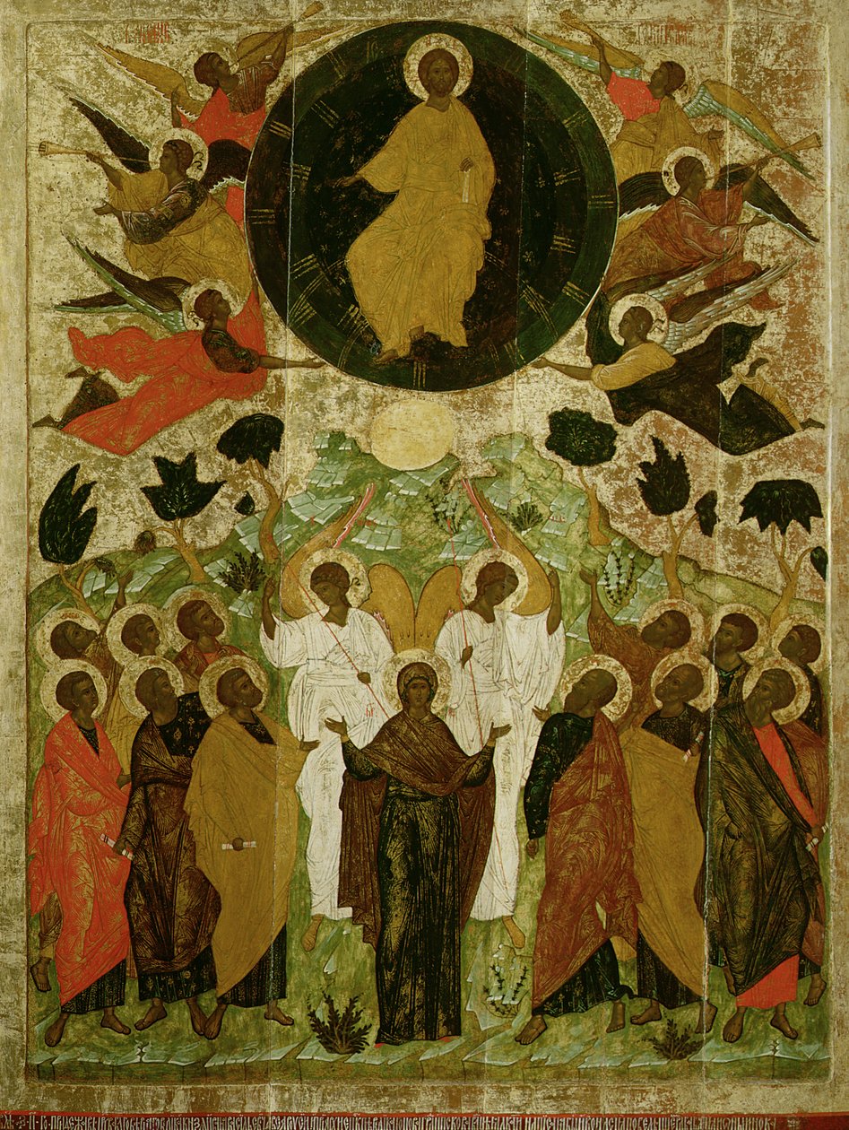 Nanebevstoupení našeho Pána, ruská ikona z kláštera Malo-Kirillov, Novgorodská škola, 1543 (tempera na panelu) od Novgorod School