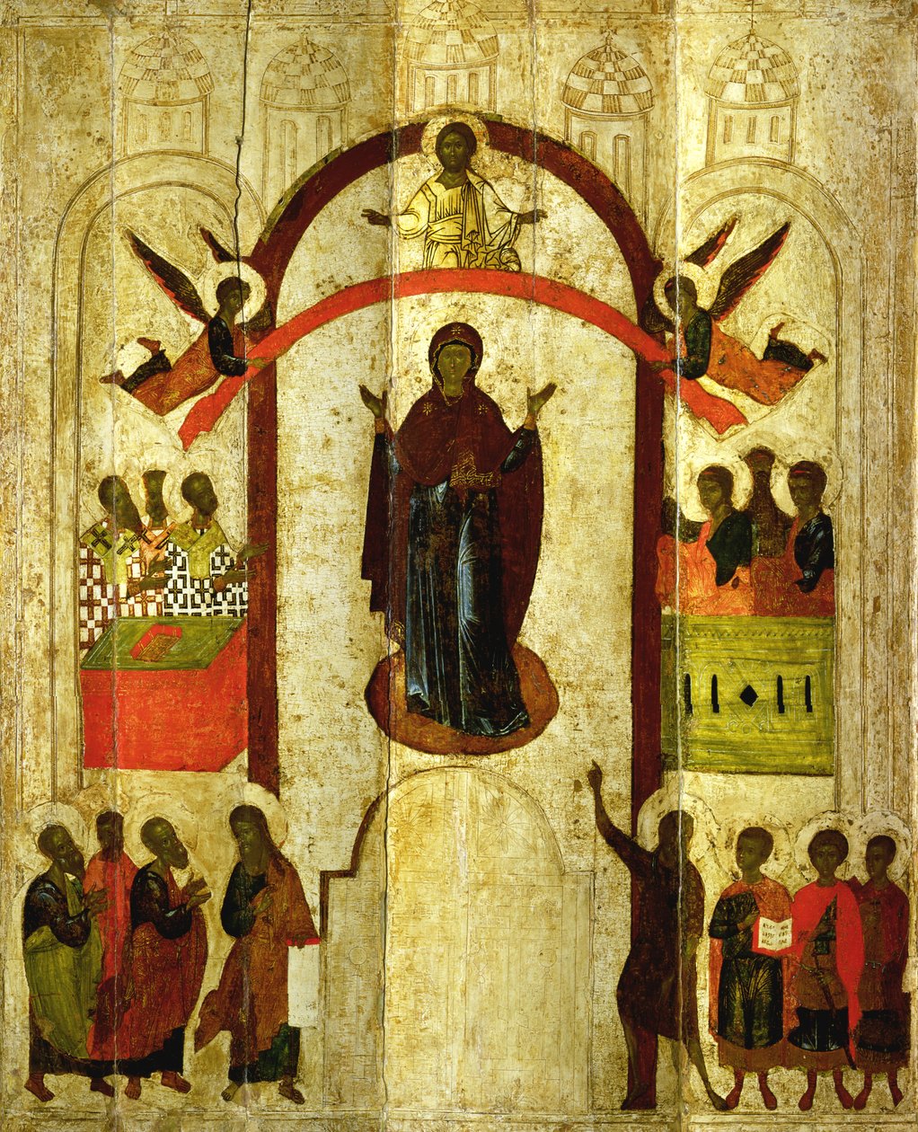 Ruská ikona Ochrana Theotokos (Matky Boží) z kláštera Zverin, 1399 (tempera na panelu) od Novgorod School