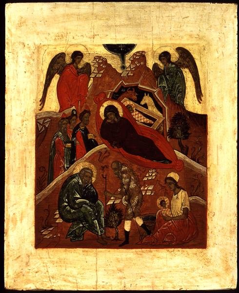 Ikona Narození Páně, Klanění tří králů a Pokušení sv. Josefa, cca 1500 (zlato a tempera na panelu) od Novgorod School