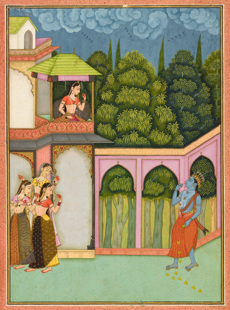 Krišna se blíží k Radha, folio z Rasikpriya, datováno 1690. od Nuruddin