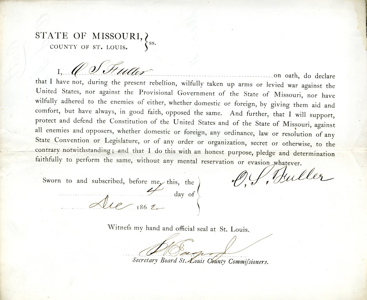 Přísaha věrnosti O. S. Fullera z Missouri, hrabství St. Louis od O.S. Fuller