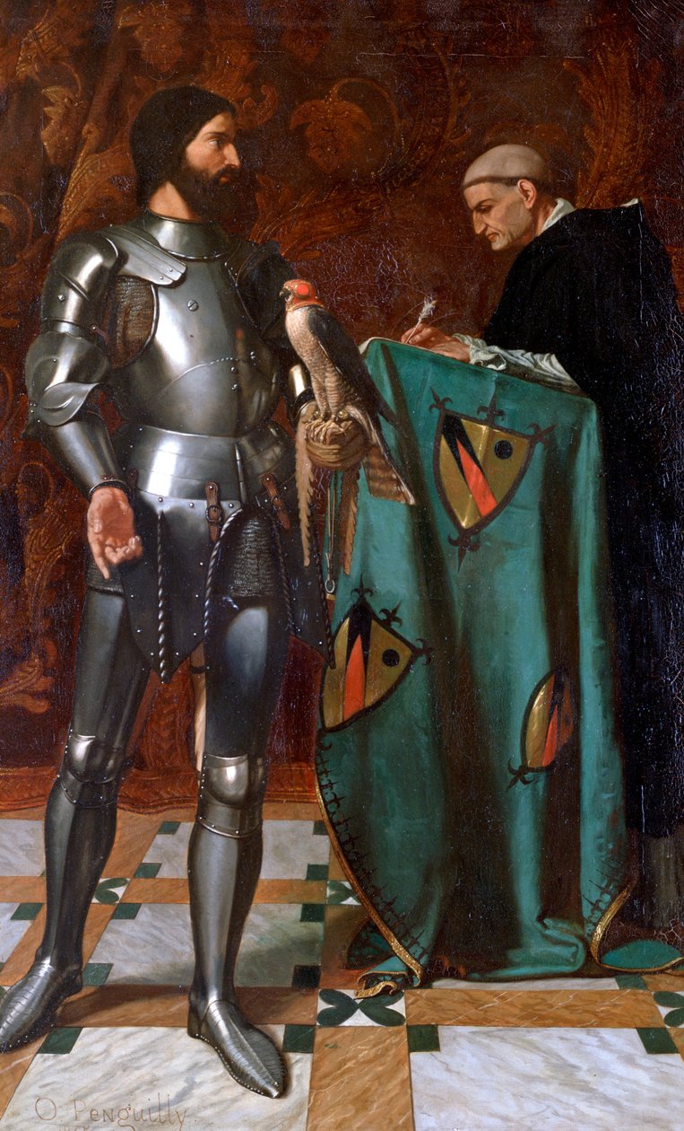 „Rytíř diktuje dopis mnichovi“, 1865 od Octave Penguilly l