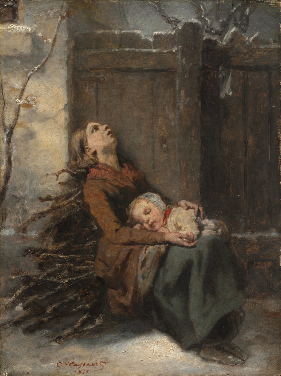 Zubožená mrtvá matka drží své spící dítě v zimě, c. 1850. od Octave Tassaert