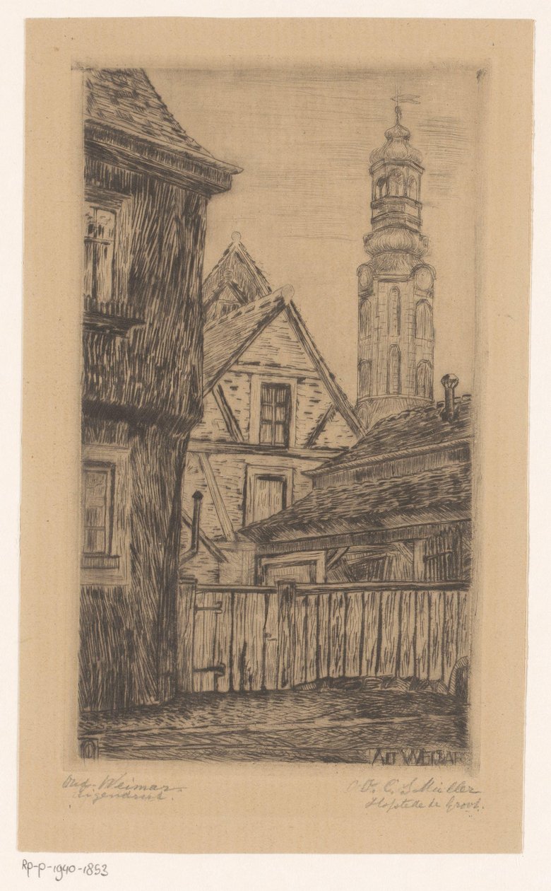 Panoráma města s věží ve Výmaru Alt Weimar (název na objektu) od Octavia Cornelia Suzanna Hofstede de Groot (signed by artist)