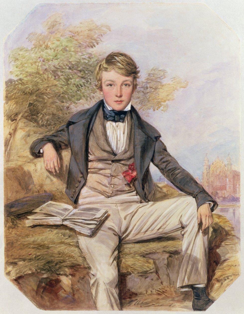 Portrét sedícího Benjamina Gibbonse, s výhledem na Eton College Beyond, kolem roku 1838 (wc na papíře) od Octavius Oakley