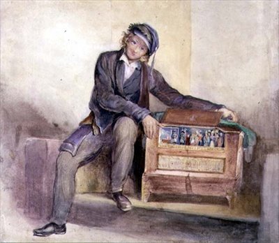 The Organ Grinder, c.1840 (akvarel přes tužku na papíře) od Octavius Oakley