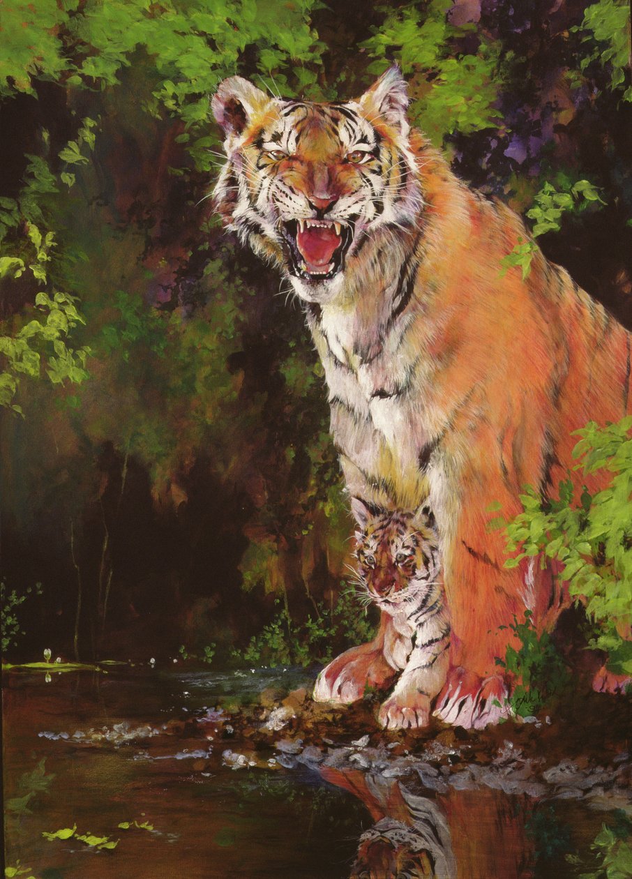 Matka a dítě II (Tygři) 1997 (akryl a pastelka na papíře) od Odile Kidd