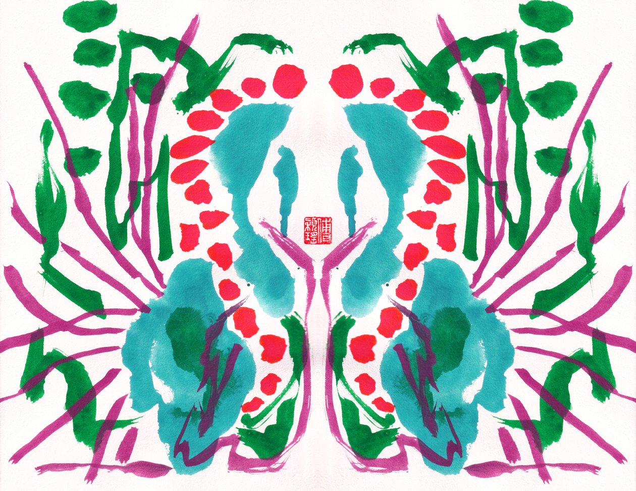 Peacock Green Red Floral Pattern, 2023 (kvaš na papíře, digitálně) od Odilia W. Y. Fu
