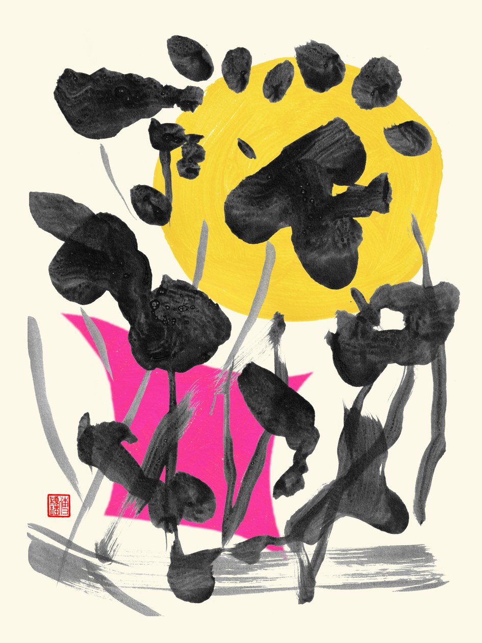 Zen Full Moon Ink Flowers, 2023 (akryl na papíře, digitální) od Odilia W. Y. Fu
