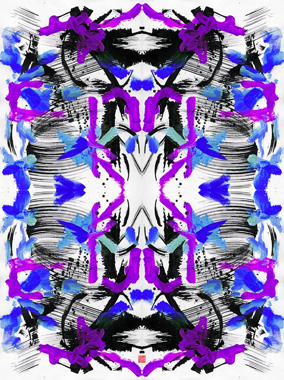 Zen Ink Blue Purple Floral Pattern, 2023 (akryl na papíře, digitální) od Odilia W. Y. Fu