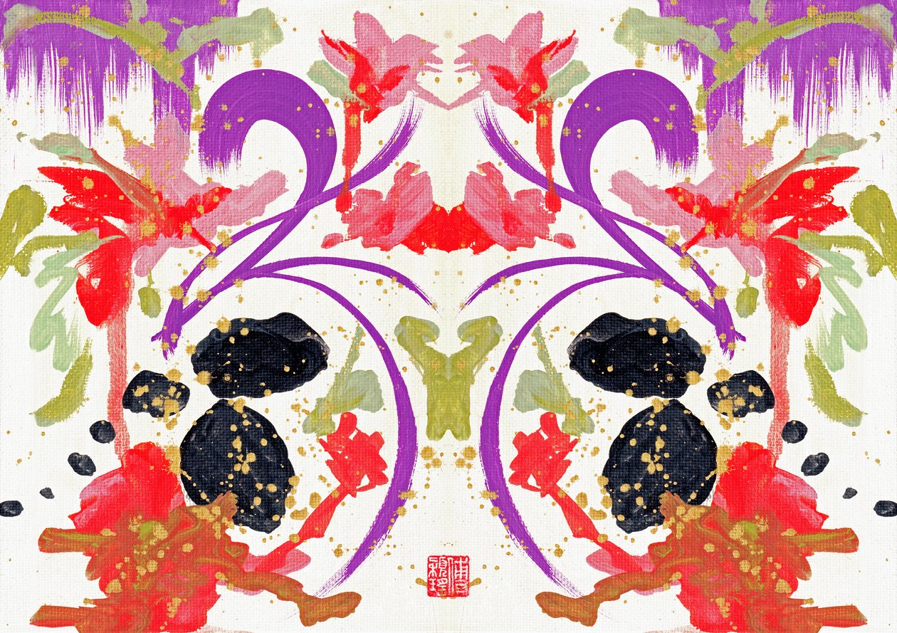 Zen Orange Purple Flowers 1, 2021 (akryl na plátně, digitální) od Odilia W. Y. Fu