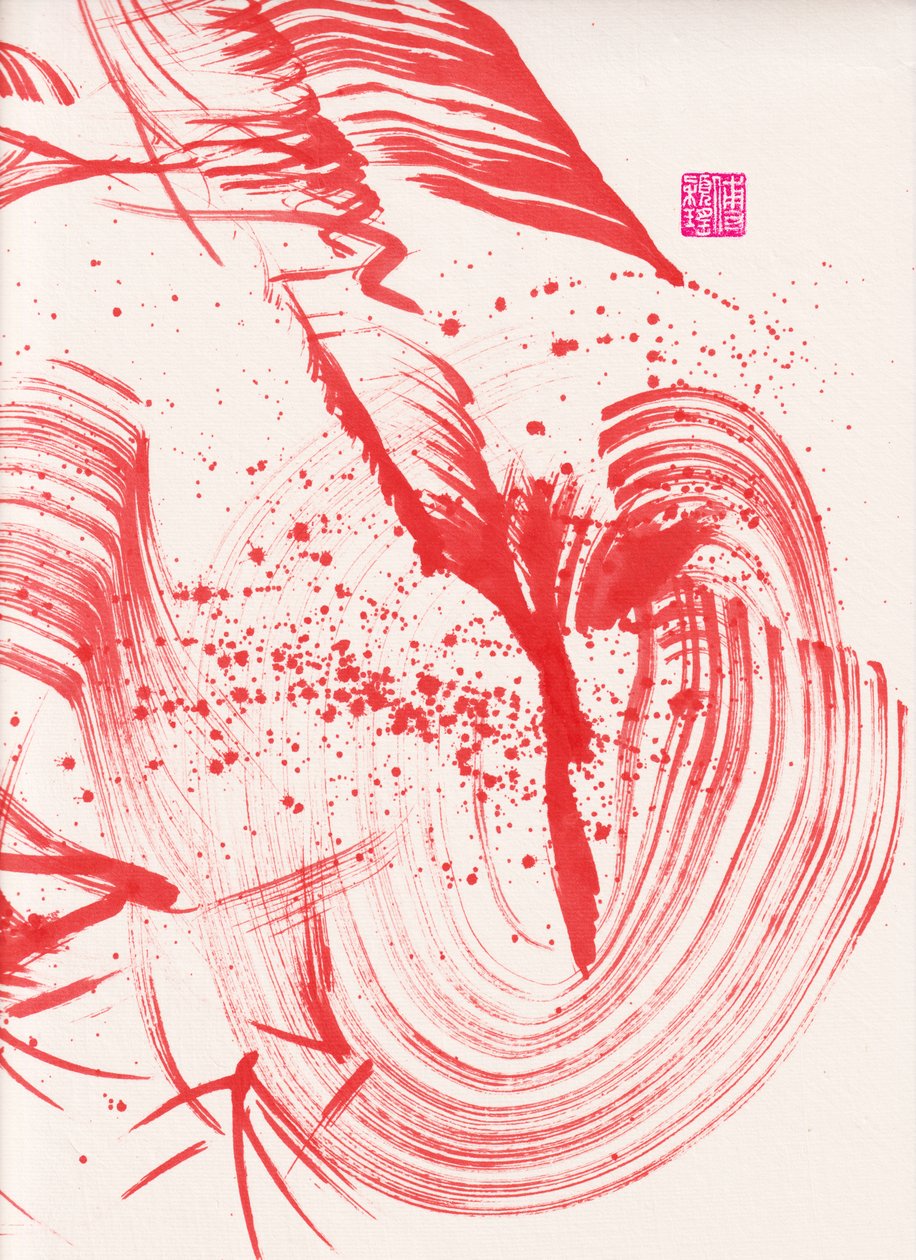 Zen Red Bamboo Ink Abstraction 1, 2020 (akryl na papíře Xuan) od Odilia W. Y. Fu