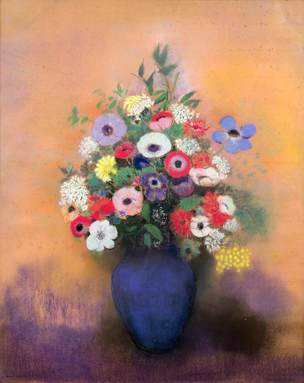 Sasanky a šeřík v modré váze, po roce 1912 (pastel) od Odilon Redon