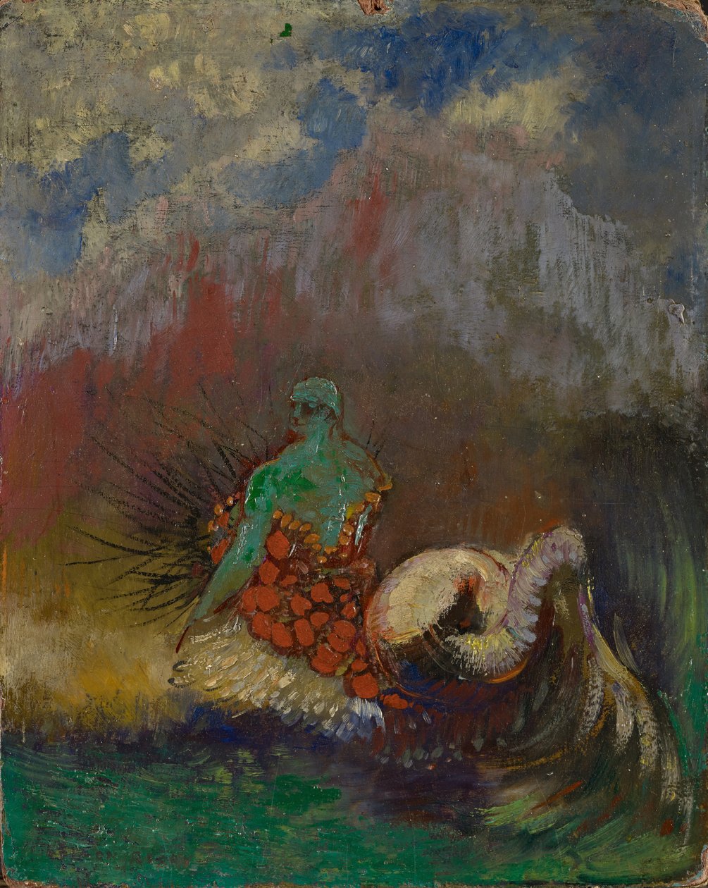 Siréna, cca 1900 (olej a zlatý prášek na sololitu) od Odilon Redon