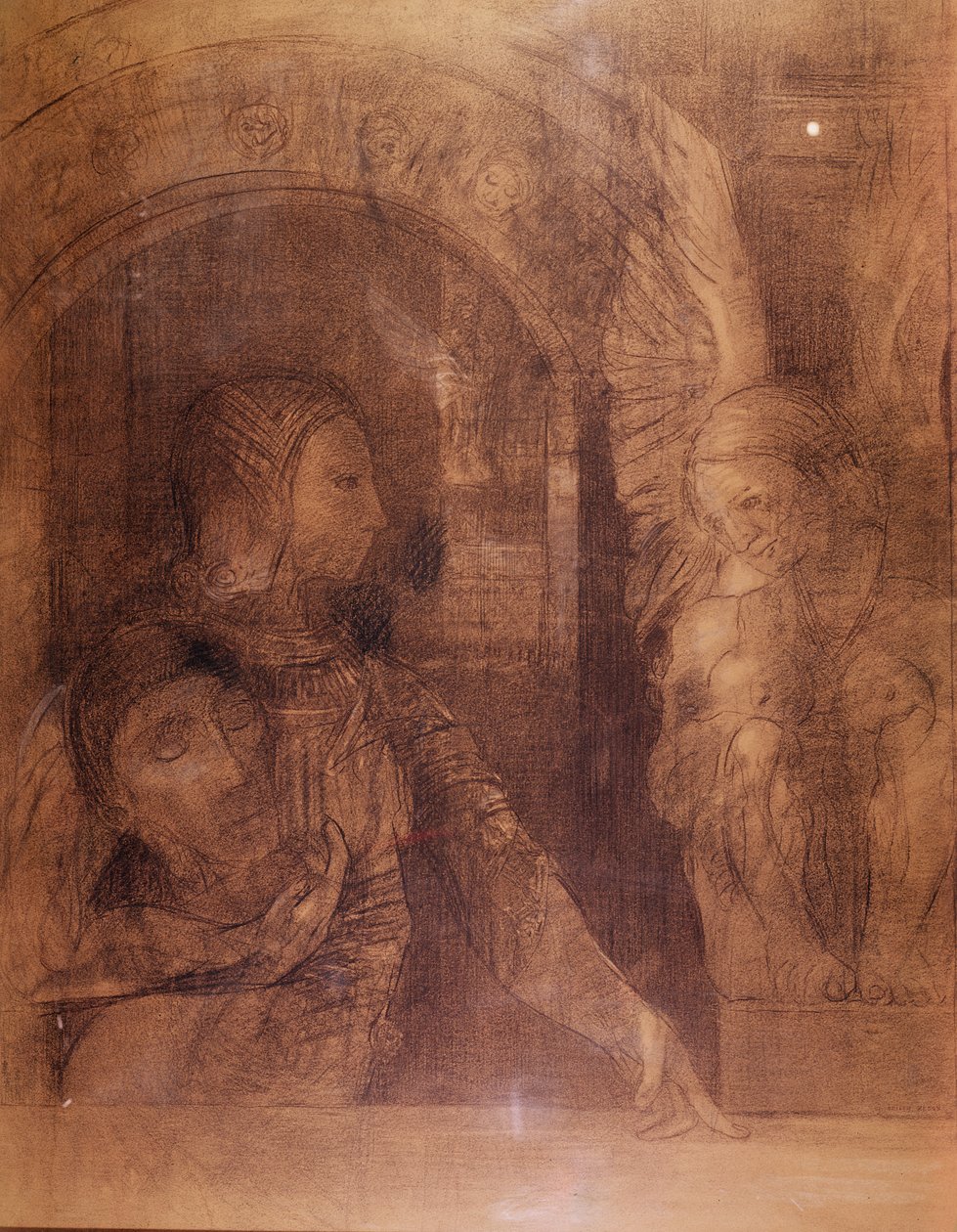 Mystický rytíř nebo Sfinga, kolem roku 1890 (uhlí) od Odilon Redon