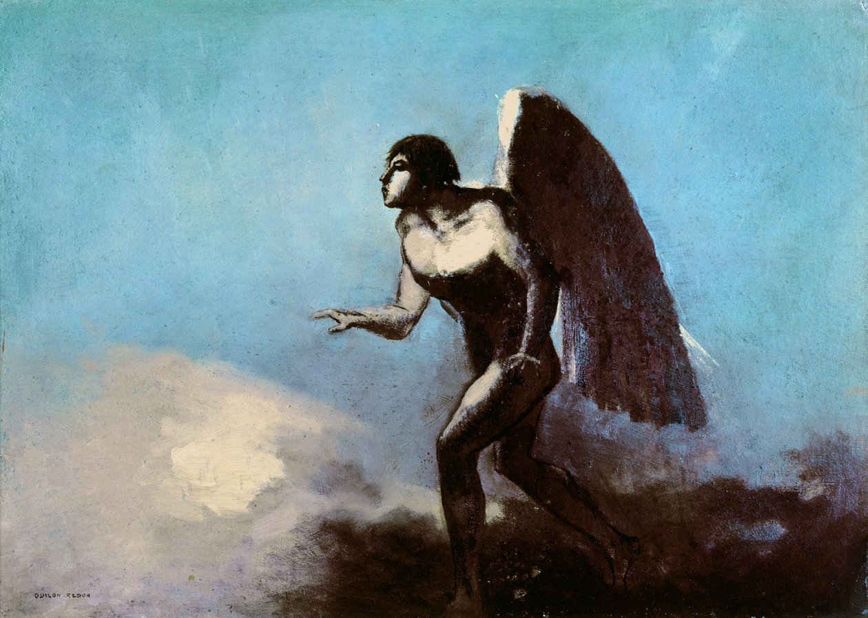 Okřídlený muž aneb Padlý anděl před rokem 1880 (olej na kartonu) od Odilon Redon
