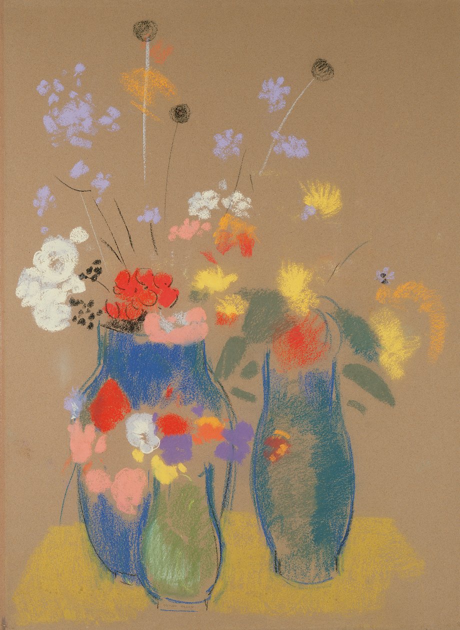Tři vázy s květinami, asi 1908-10 (pastel na papíře) od Odilon Redon