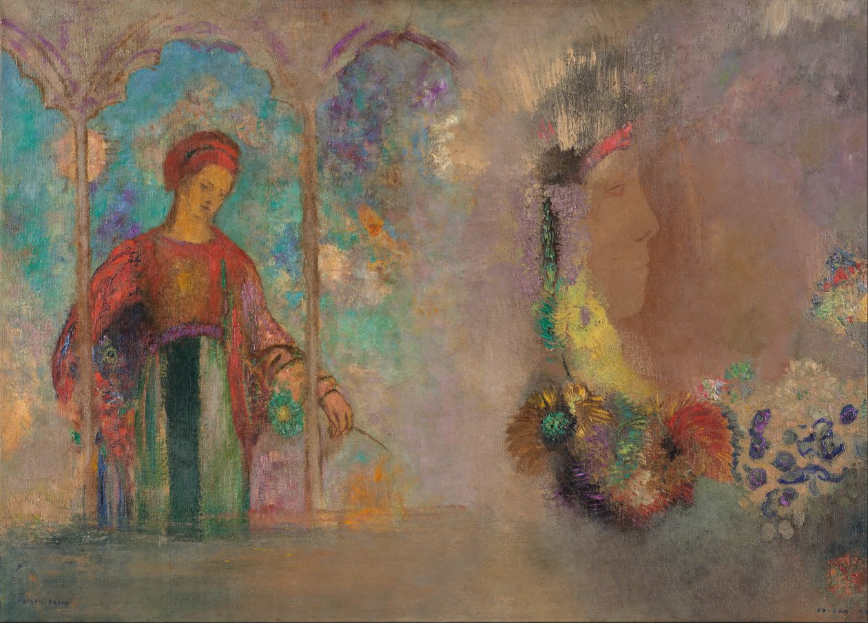 Žena v gotické arkádové- žena s květinami od Odilon Redon