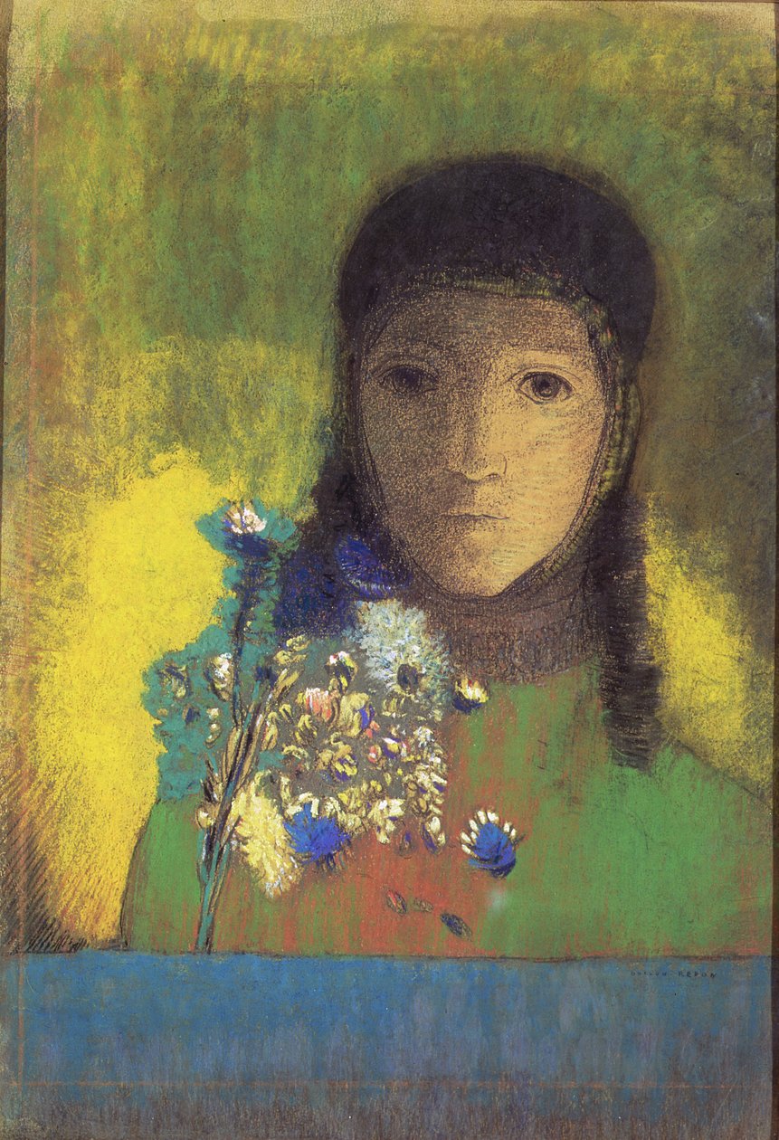 Žena s divokými květinami, 1895-1900 (pastel, dřevěné uhlí) od Odilon Redon