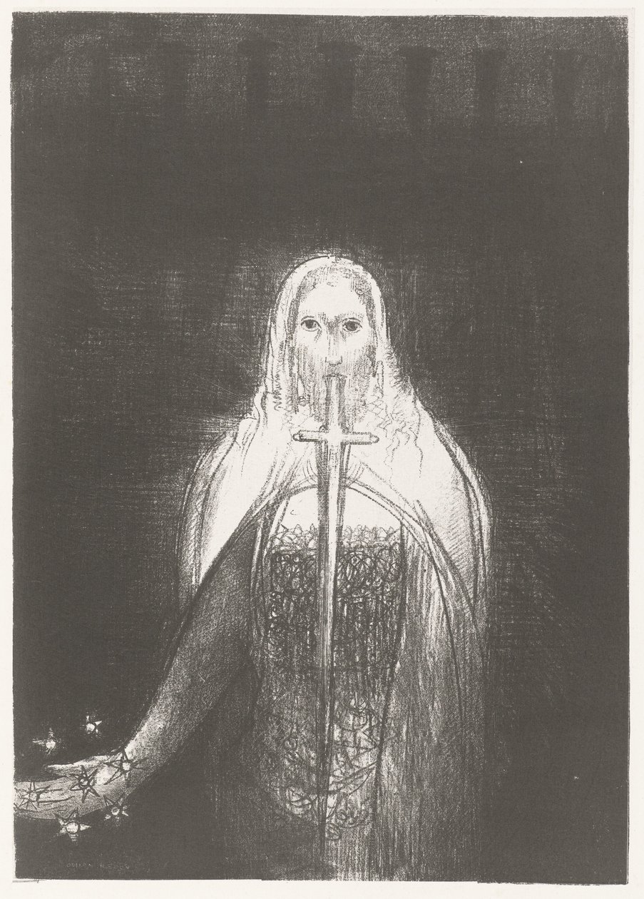 Christus mu strčí sterren do ruky A měl v pravé ruce sedm hvězd az jeho úst vycházel ostrý dvousečný meč Apocalypse of Saint John (název série) Openbaring van Johannes (název série) od Odilon Redon