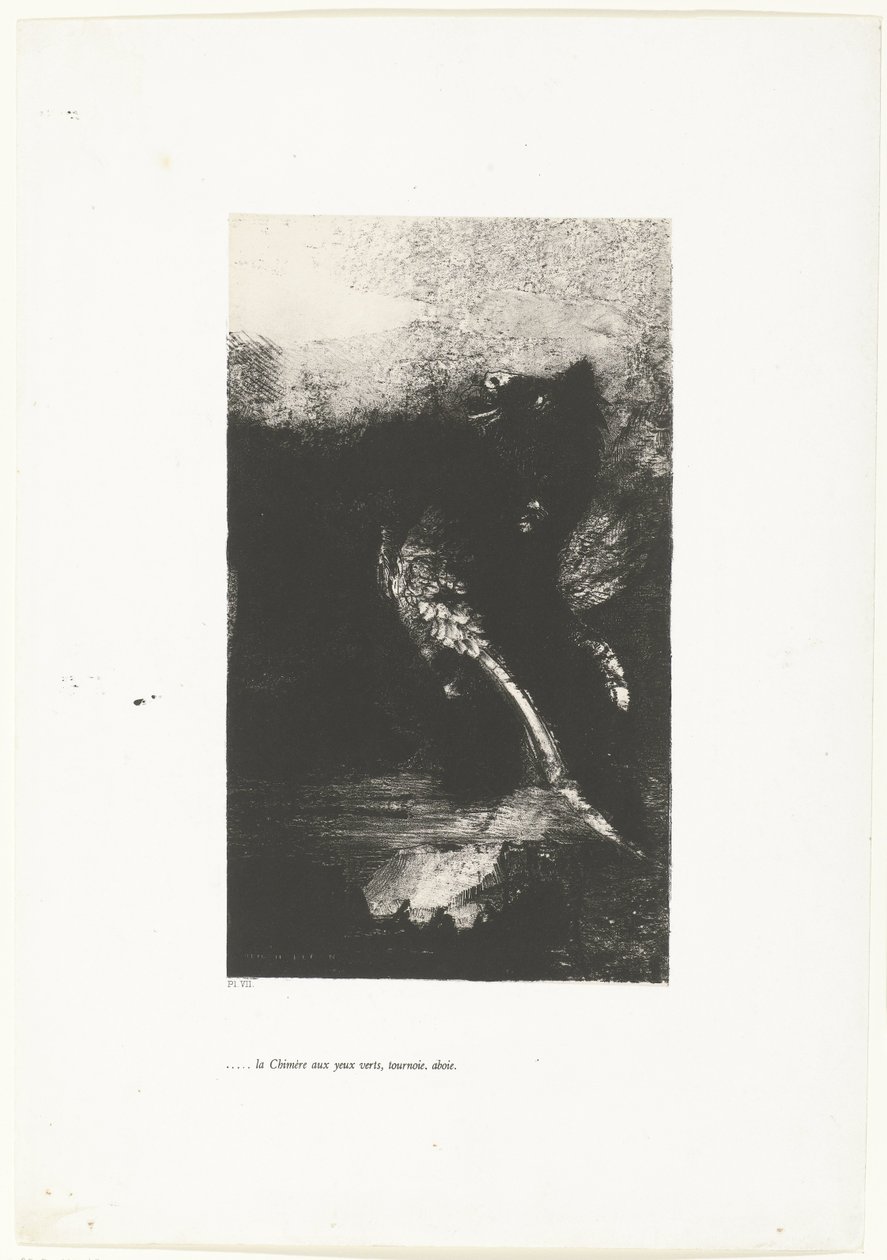 Chimera se zelenýma očima, křičí, točí se ...la Chimère aux yeux verts, tournoie, aboie (název na objektu) Tentation de Saint-Antoine (1) (název série) Pokušení svatého Antonína (název série) od Odilon Redon