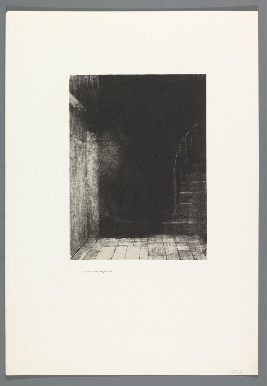 Je vis une lueur large et pâle La Maison Hautée, 6 litografií titulní strana Strašidelný dům, La Maison Hantée, ilustrace k textu Bulwer-Lytton, přeložil do francouzštiny René Philipon, (název série) od Odilon Redon