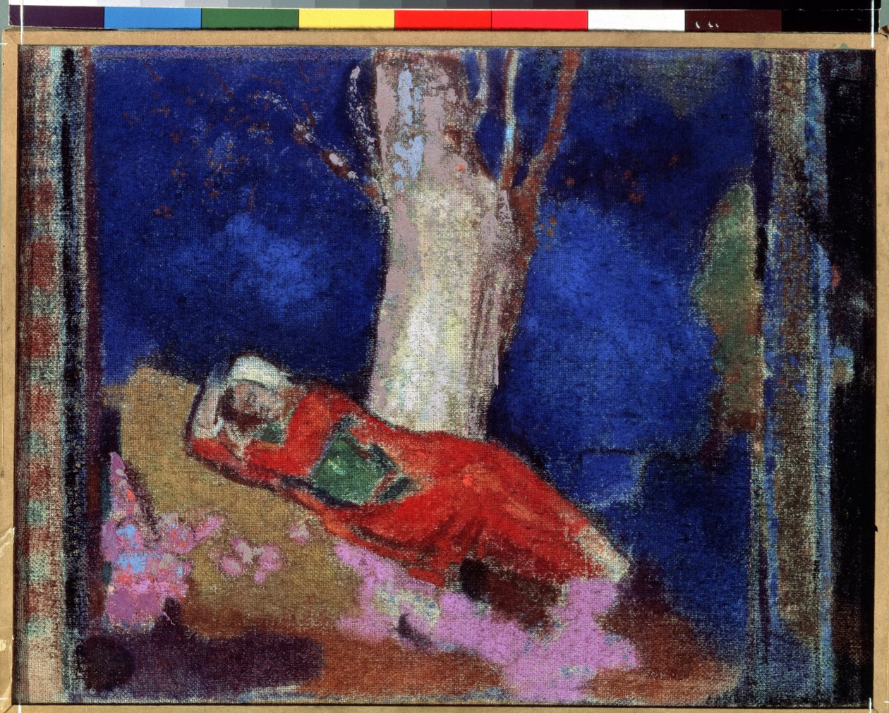 ""Mladá žena ležící pod stromem"" (Žena ležící pod stromem) Obraz Odilona Redona (1840-1916) 1900-1901 Kvaš a tempera. Nabis. Muzeum Ermitáž, Petrohrad (Saint-Petersburg) od Odilon Redon