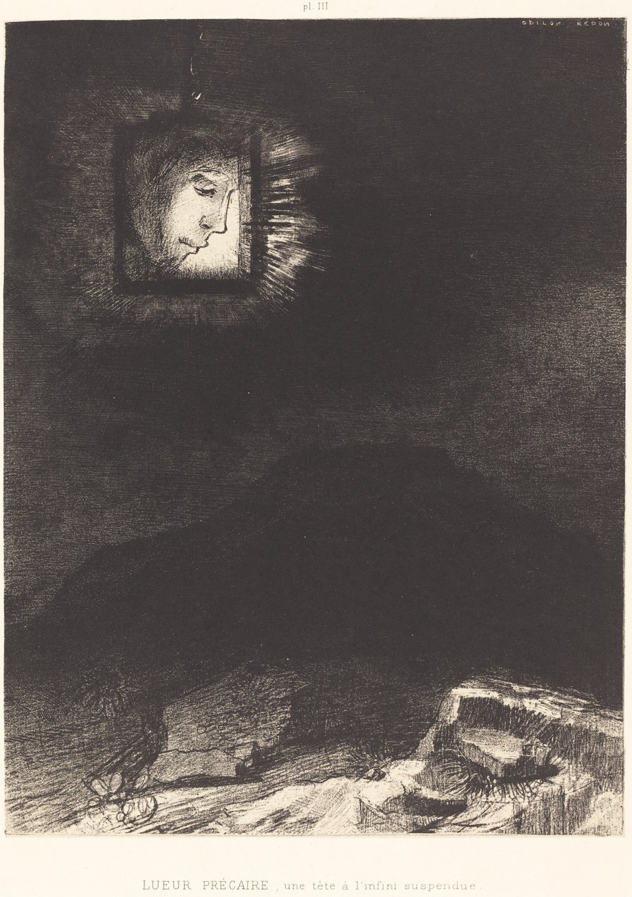 Nejistý záblesk, hlava zavěšená od Odilon Redon