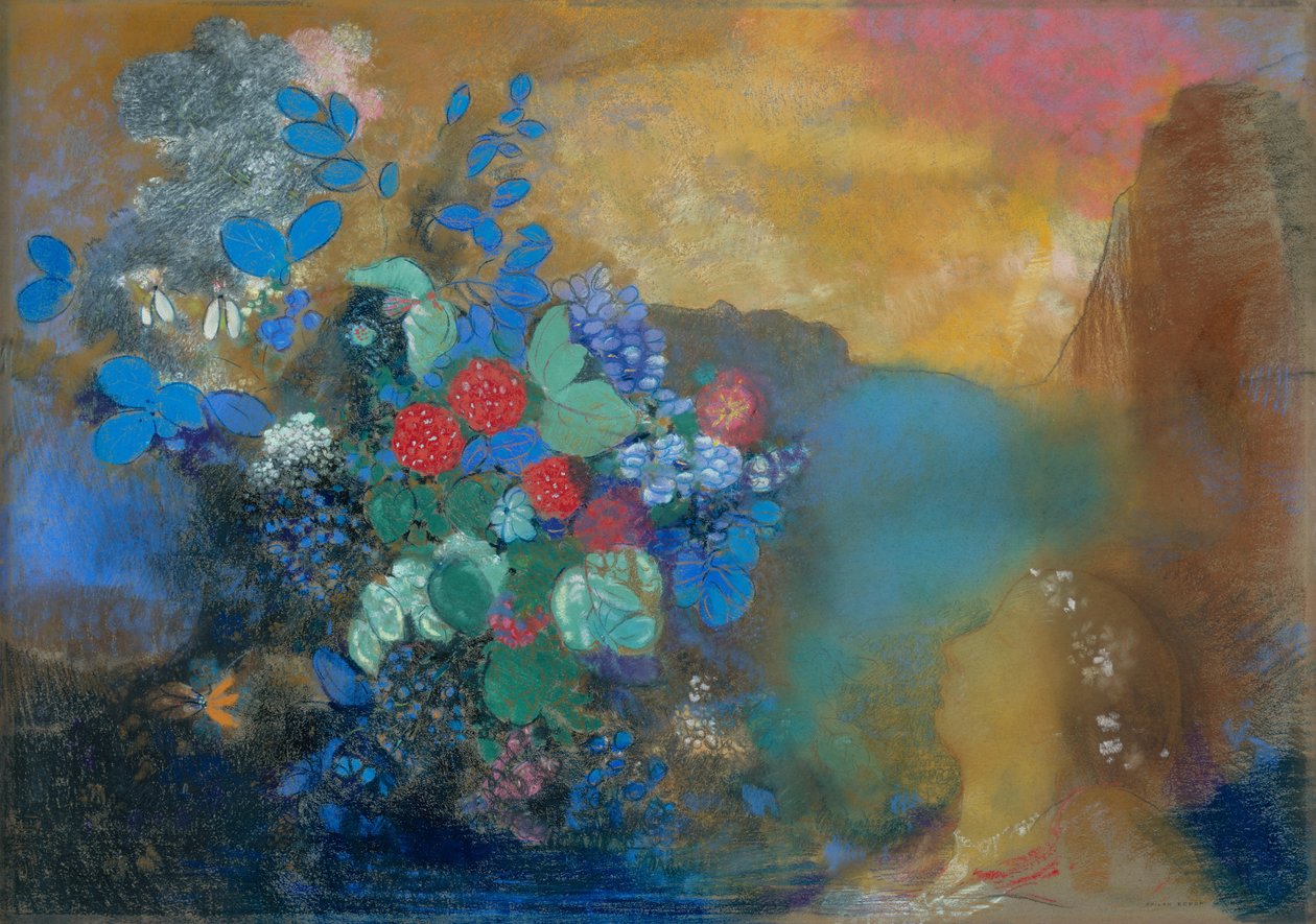 Ofélie mezi květinami, kolem 1905-8 (pastel na papíře) od Odilon Redon