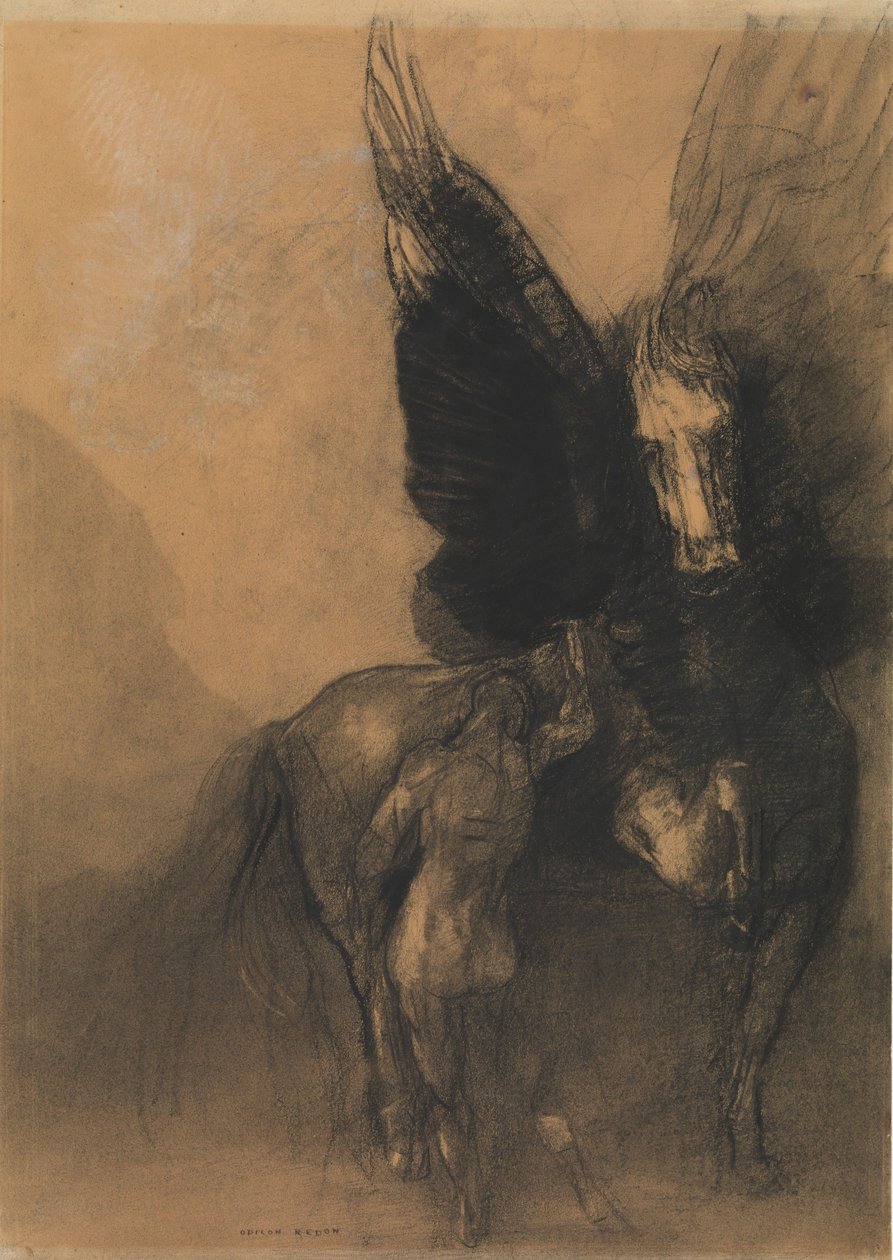 Pegasus a Bellerophon, kolem roku 1888 (uhlí, mytí vodou, bílá křída a pastelka conté na bílém papíře bleuté) od Odilon Redon