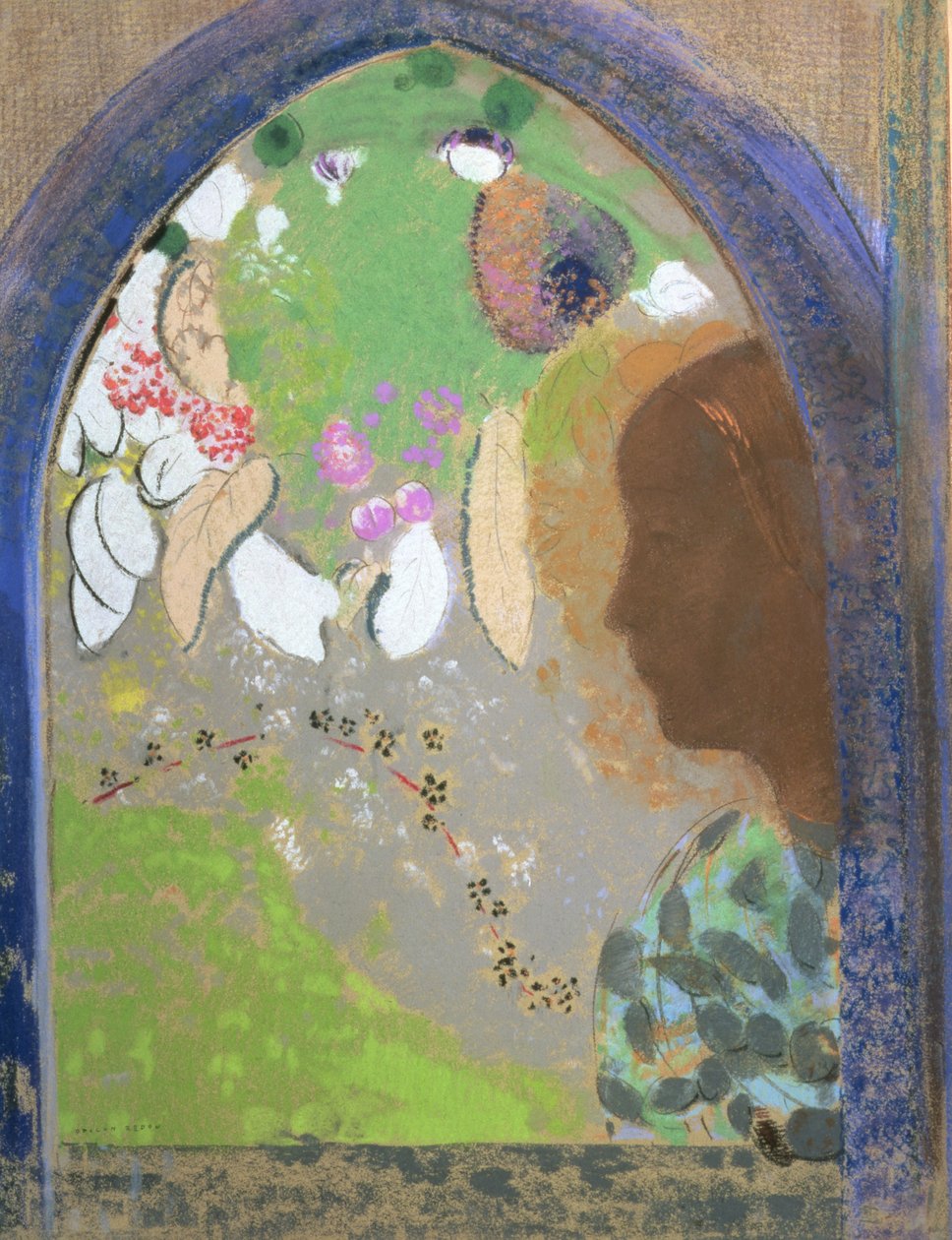 Profil ženy u okna, kolem roku 1912 (pastel na kartě) od Odilon Redon