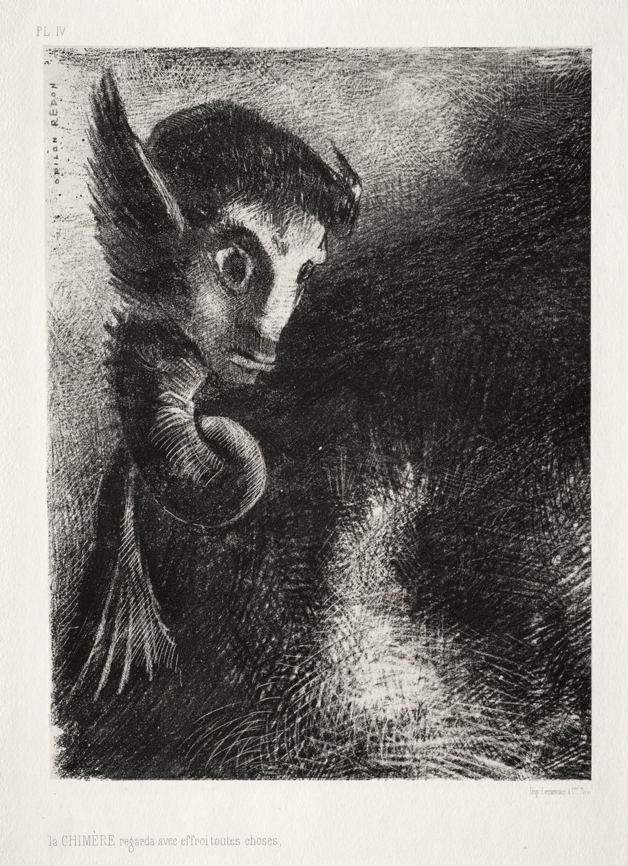 Chimera zírala na všechny věci se strachem od Odilon Redon