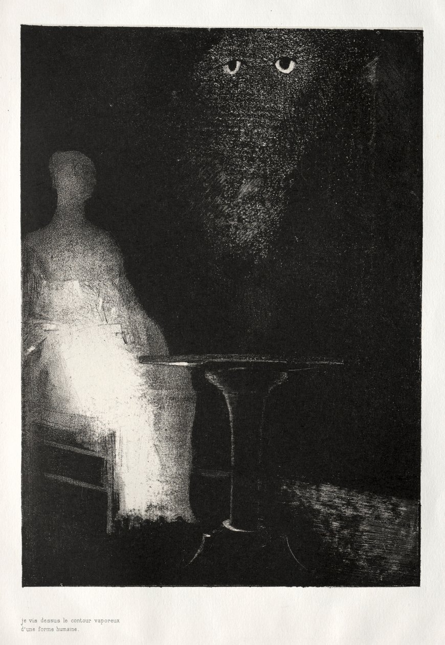 Strašidelný dům: Pokračoval jsem v pohledu na židli a zdálo se mi, že jsem na ní viděl bledě modrou..., 1896. od Odilon Redon