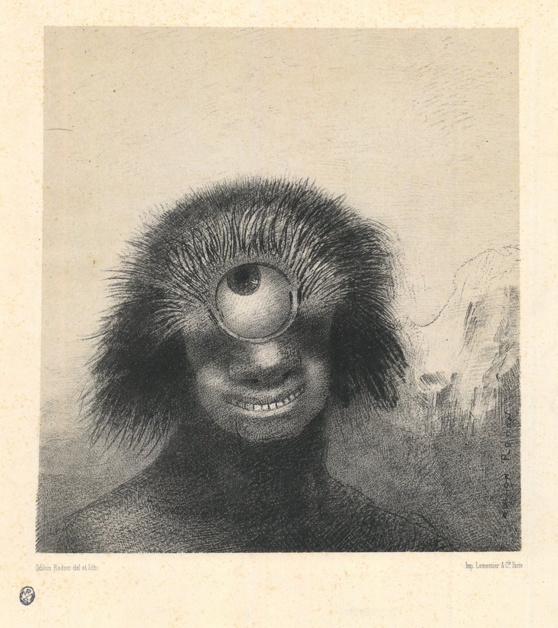 Znetvořený polyp plul na pobřeží, jakýsi usměvavý a odporný kyklop, ze série „Les Origines“ od Odilon Redon