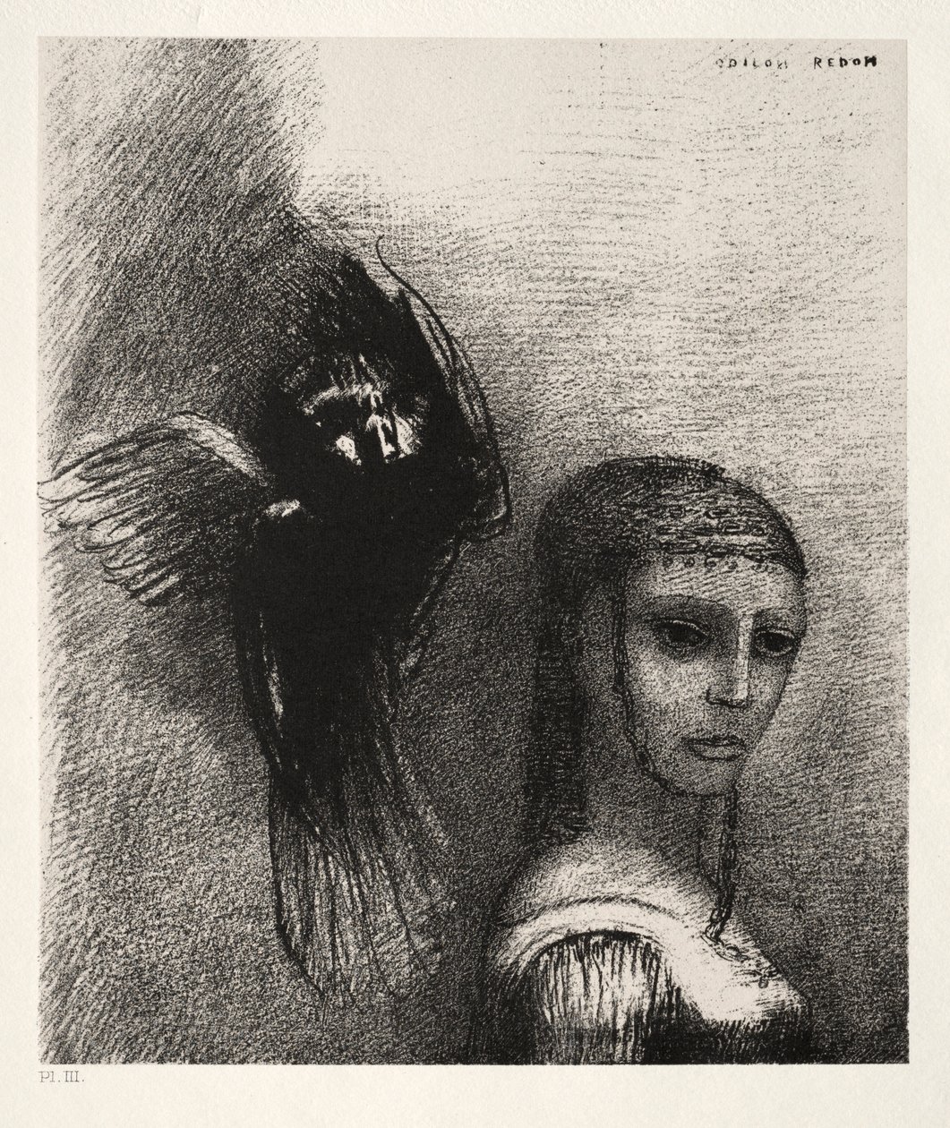 První série Pokušení svatého Antonína: A velký pták sestupující z nebe..., 1888. od Odilon Redon