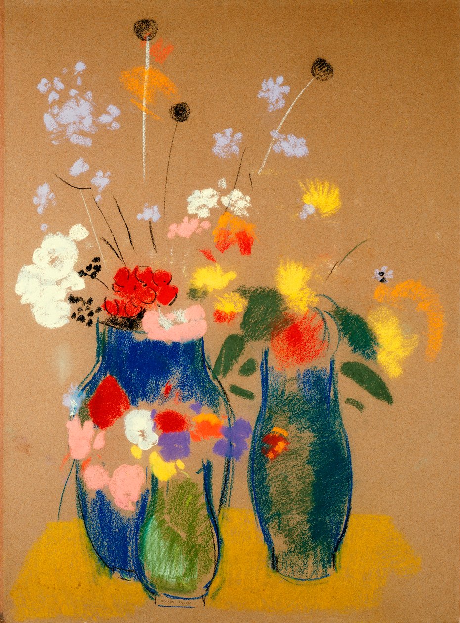 Tři vázy s květinami, cca 1908-10 (pastel na papíře) od Odilon Redon