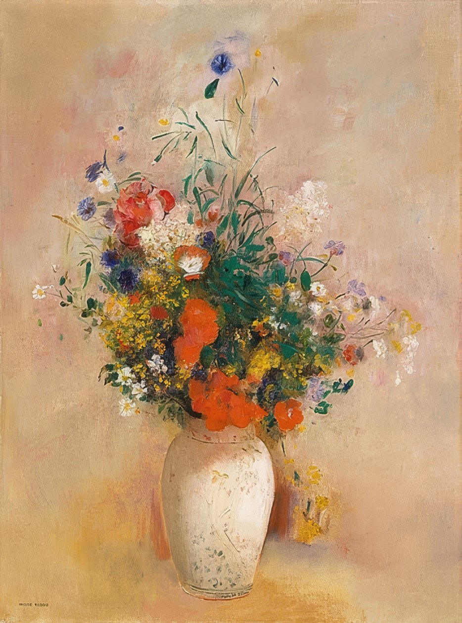Váza s květinami (růžové pozadí). Kolem roku 1906 od Odilon Redon