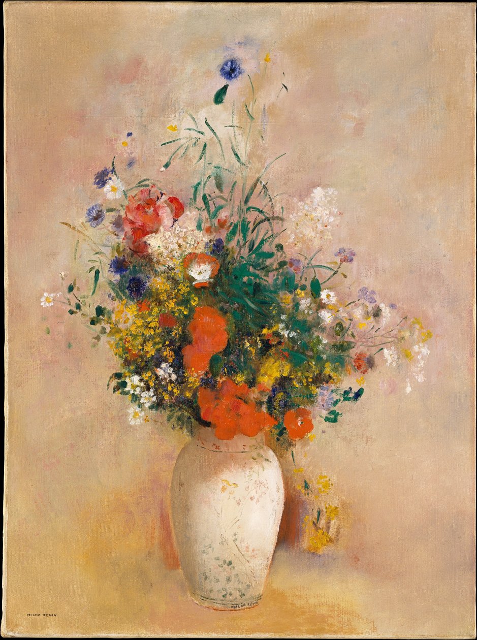 Váza s květinami (růžové pozadí) od Odilon Redon