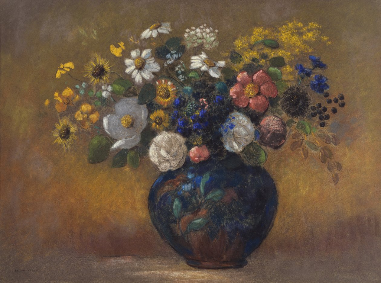 Divoké květiny ve váze, kolem roku 1910 (pastel na palubě) od Odilon Redon